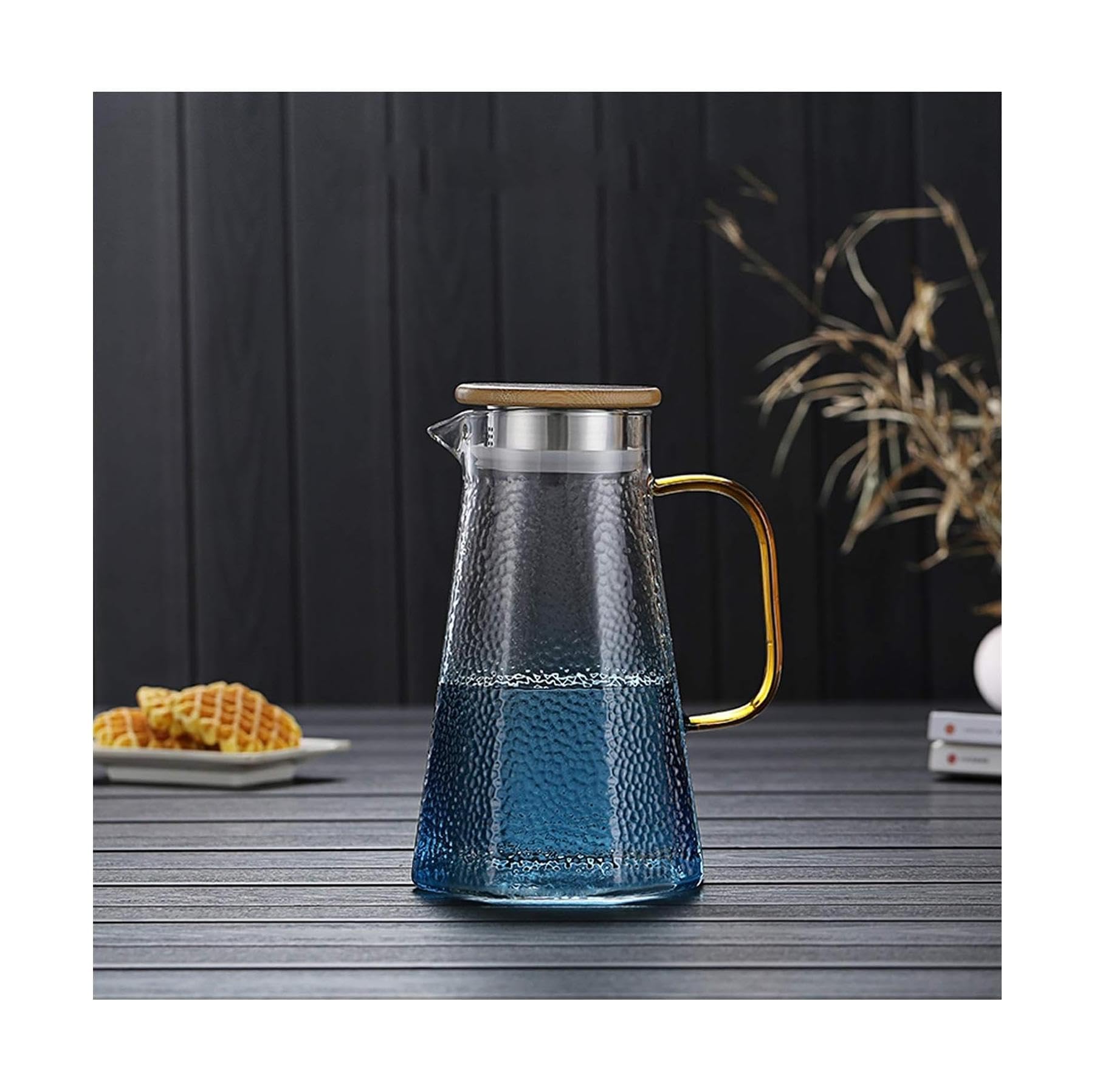 Amazon | ケトル ブルーガラスピッチャー、蓋とハンドル付きウォーター